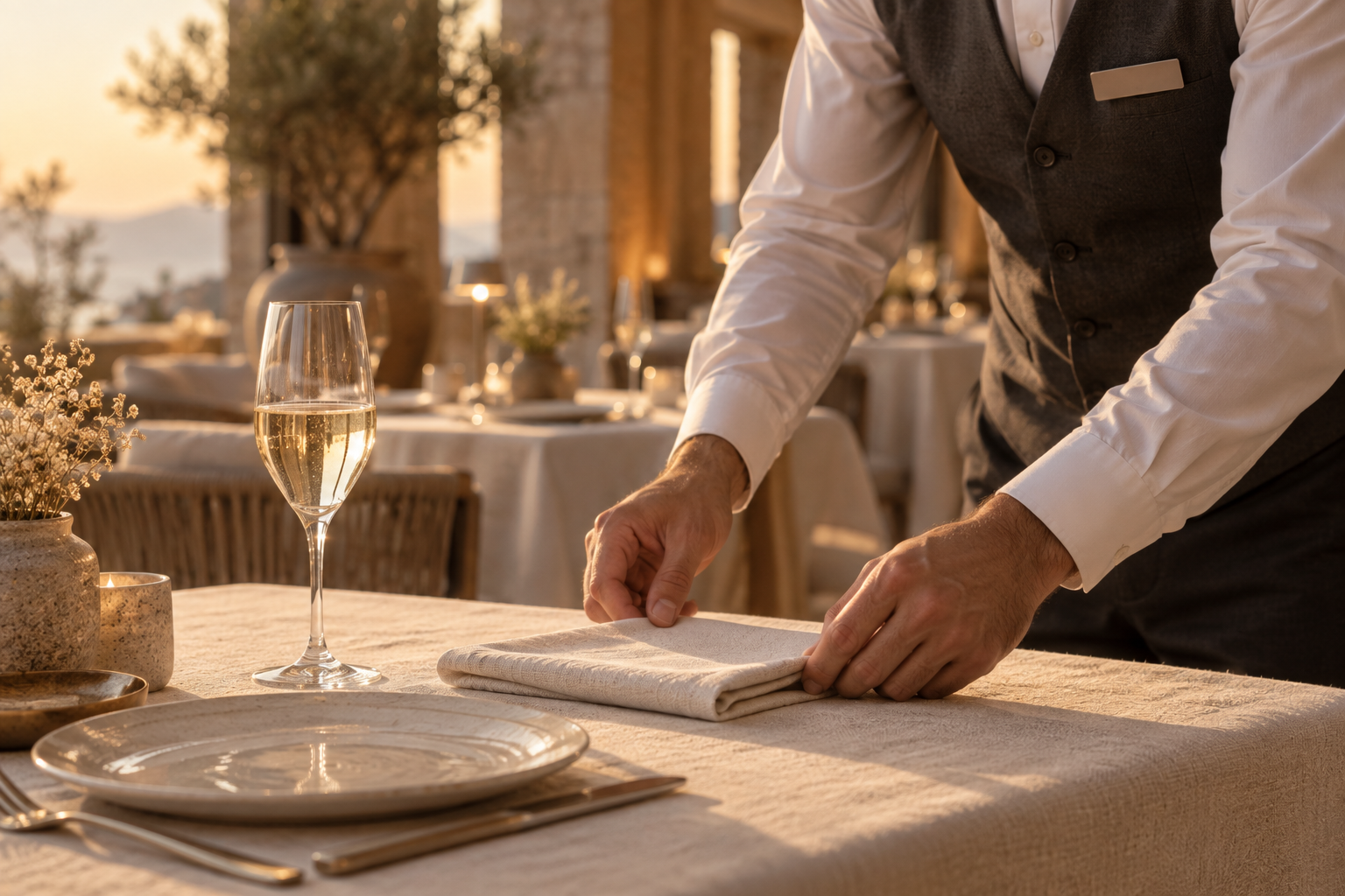 Otel çalışanı servis öncesinde keten peçetenin düzenini kontrol ediyor